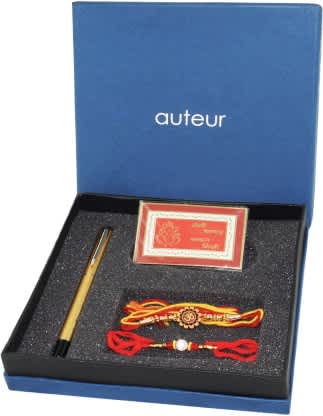 auteur Beautiful Pen and Rakhi Combo a Gift with, A Beautiful Golden Pen, Rakhi for Brother and Bhabhi Set with Roli, Chandan and Mishri Pack, for BhaiDooj Pen Gift Set  (Pack of 4, Multicolor)