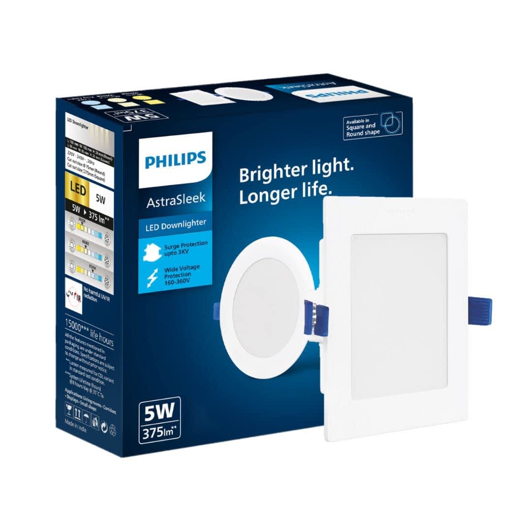 PHILIPS Astra Sleek 5-watt Square LED Downlighter | LED Ceiling Light for Home and Hall | Cut Out: 75 mm, Color: Natural White, Pack of 1