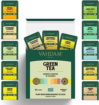 VAHDAM, Green Tea Bag Sampler | Tea Variety Pack- 10 Teas Bags | Gluten Free, Pure Ingredients | Pure Assorted Green Tea Gift Sets, Assortment Of 10 Green Tea Flavors