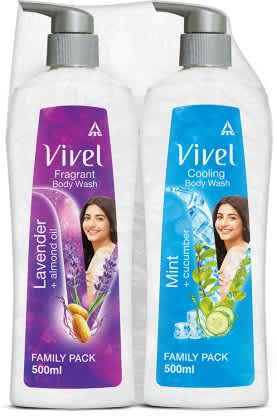 Vivel Body Wash, Lavender & Almond Oil, Mint & Cucumber, Shower Creme, Pump, Combo (2 x 500 ml)